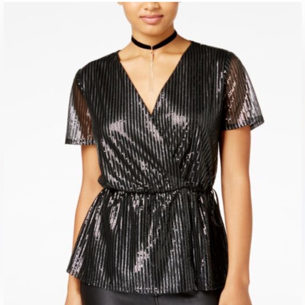 GYPSIES & Moondust Sequin Faux Wrap Peplum Blouse